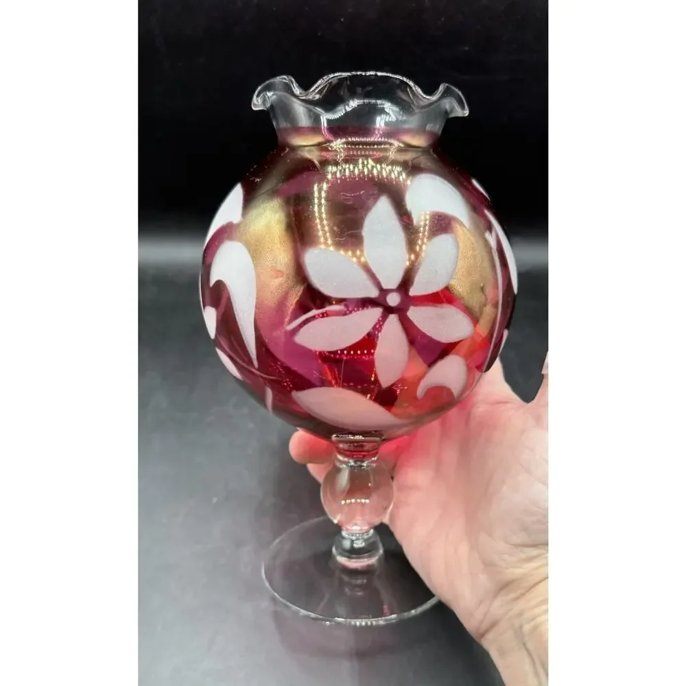 Cranberry Flower Rose Bowl Vase Glass Etched Pedestal Ruffled Rim Vintage